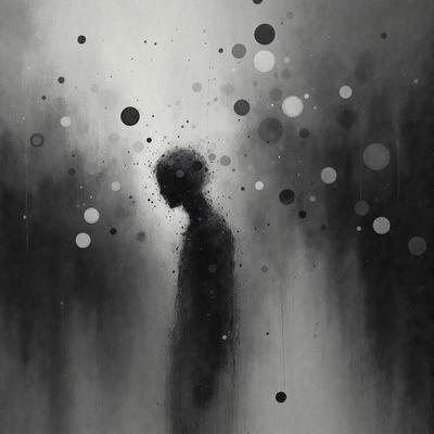 The primary subject of the image is a silhouette of a person, possibly a man, standing in a dark room. The setting is a black and white environment, with a backdrop of white dots. The visual style is a combination of a photo and a drawing, creating a unique and artistic representation of the person. The colors and mood of the image are predominantly dark and moody, with the white dots adding a touch of brightness and contrast.